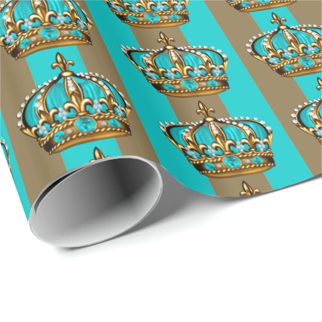 Turquoise Blue Gold Prince Crown Wrapping Paper (Roll Corner)