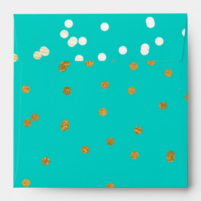 Turquoise Blue & Gold Shiny Confetti Dots Modern Envelope (Back (Top Flap))