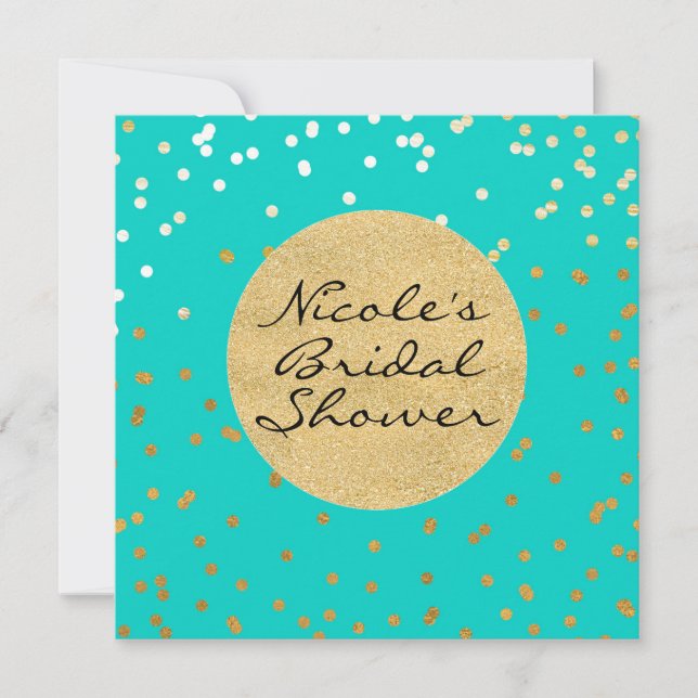 Turquoise Blue & Gold Shiny Confetti Dots Modern Invitation (Front)