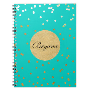 Turquoise Blue & Gold Shiny Confetti Dots Modern Notebook