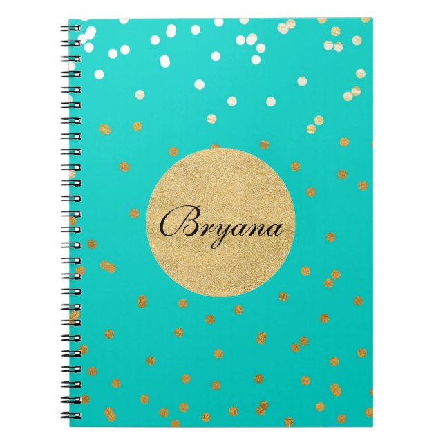 Turquoise Blue & Gold Shiny Confetti Dots Modern Notebook (Front)