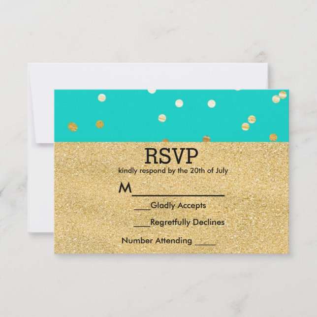 Turquoise Blue & Gold Shiny Confetti Dots RSVP Card (Front)