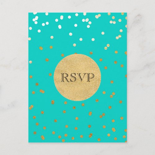 Turquoise Blue  Gold Shiny Confetti Dots RSVP Invitation Postcard