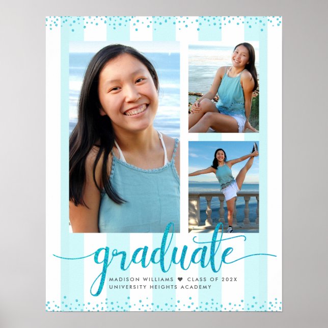Turquoise Blue Graduation 3 Photo Glitter Script Poster (Front)