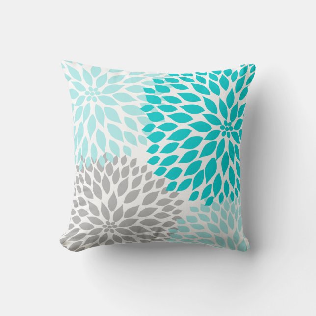 Turquoise blue Gray Dahlia mod decor sofa pillow (Front)