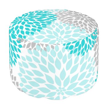 Turquoise Blue Gray Dahlias Pouf For Extra Seating by lemontreecards at Zazzle