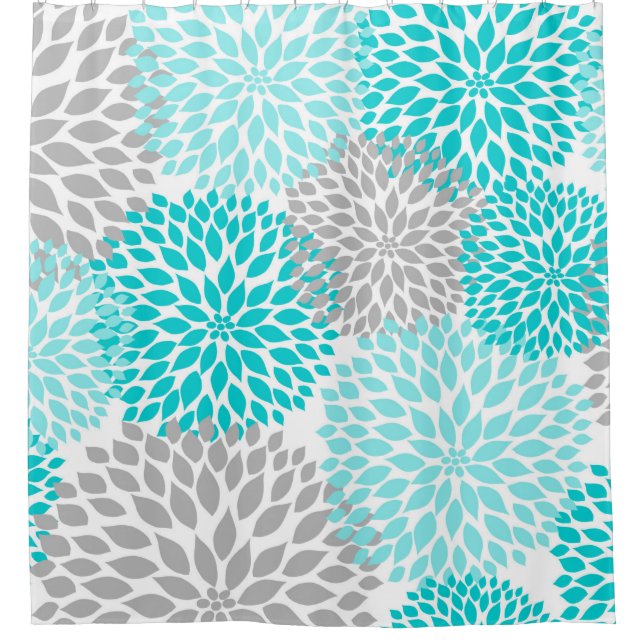 Turquoise Blue Gray Floral blossoms Shower Curtain (Front)