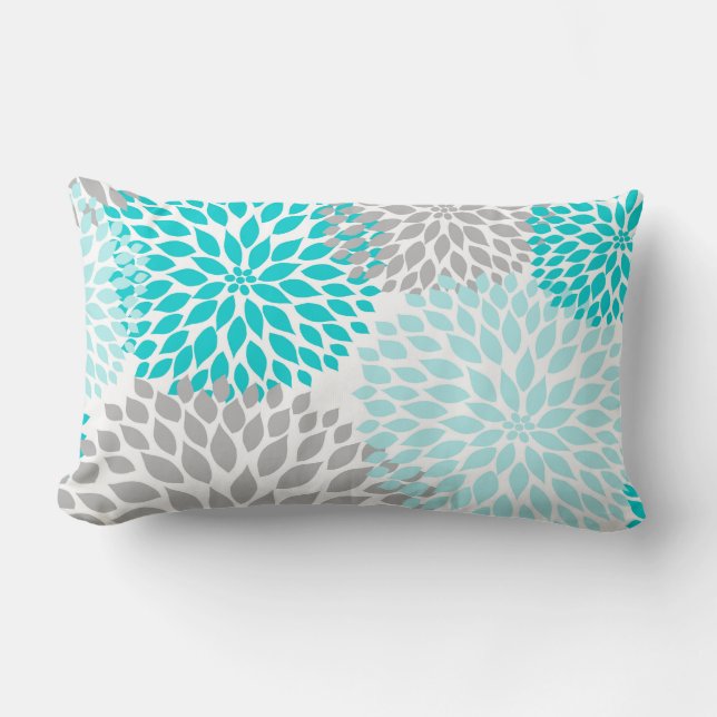 Turquoise Blue Gray Floral Dahlias Mums pillow (Front)