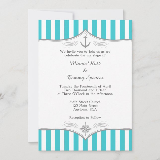 Turquoise Blue Gray Nautical Wedding Invitation (Front)