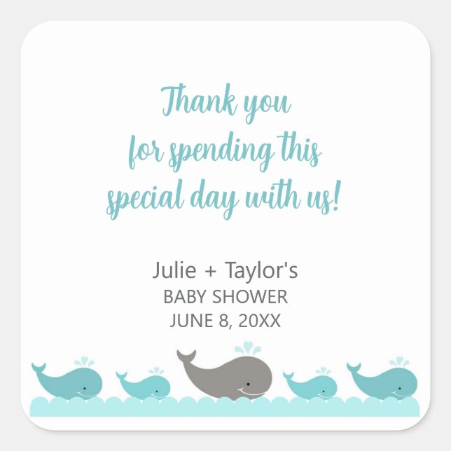 Turquoise Blue Gray Whale Baby Shower Party Favor Square Sticker (Front)