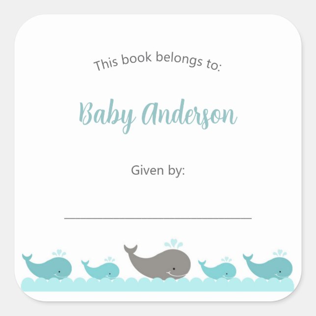 Turquoise Blue Gray Whales Childs Bookplate label (Front)