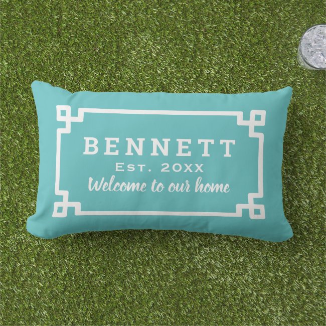 Turquoise Blue Greek Key Custom Monogram Welcome Lumbar Pillow