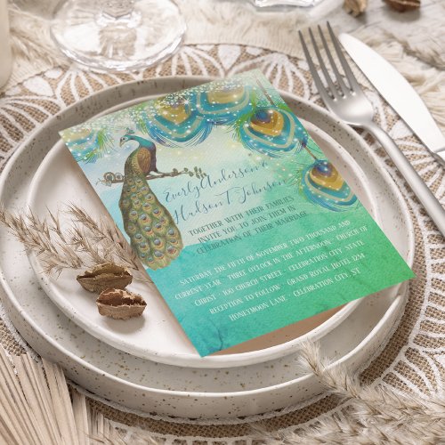 Turquoise Blue Green and Copper Peacock Feather Invitation