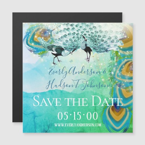 Turquoise Blue Green and Copper Peacock Feather Magnetic Invitation