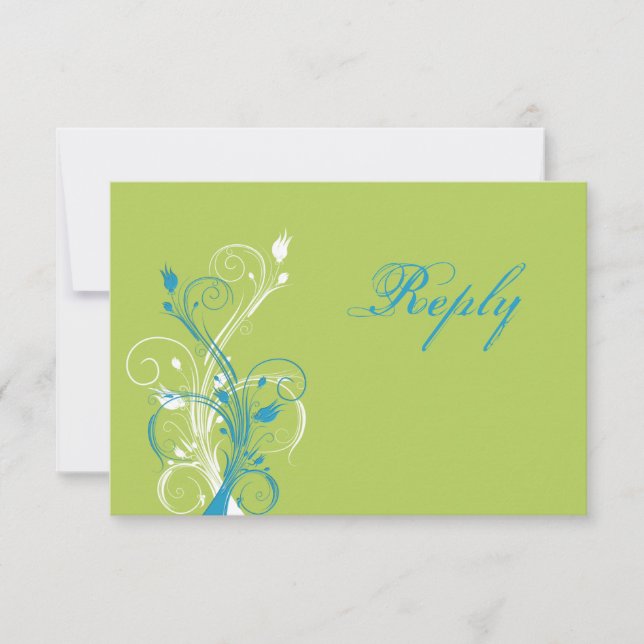 Turquoise Blue, Green, and White Floral Reply Card (Front)