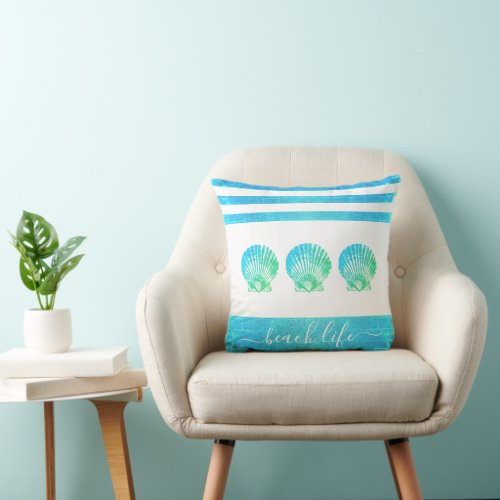 Turquoise blue green beach life script 3 seashells throw pillow