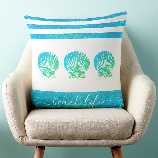 Turquoise blue green beach life script 3 seashells throw pillow (Creator Uploaded)