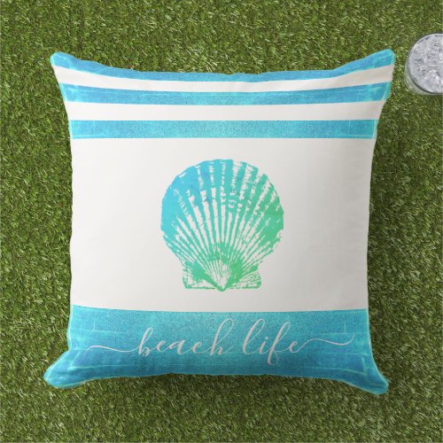 Turquoise blue green beach life script seashell outdoor pillow