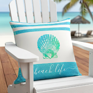 Turquoise blue green beach life script seashell outdoor pillow