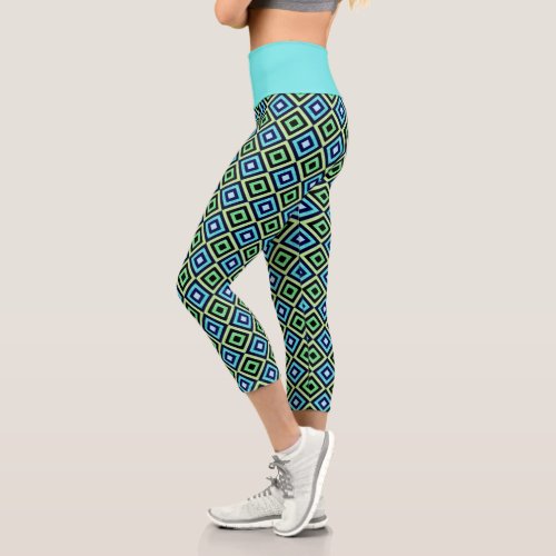 Turquoise Blue Green Black Diamond Pattern Sports Capri Leggings