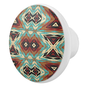 Turquoise Blue Green Brown Orange Ethnic Tribe Art Ceramic Knob