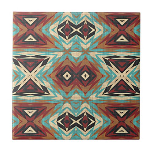 Turquoise Blue Green Brown Orange Ethnic Tribe Art Ceramic Tile