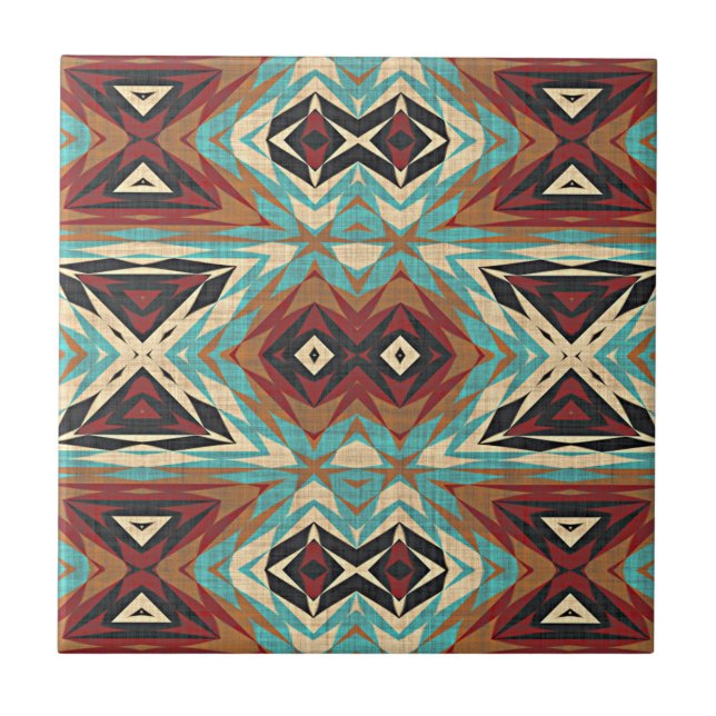 Turquoise Blue Green Brown Orange Ethnic Tribe Art Ceramic Tile (Front)