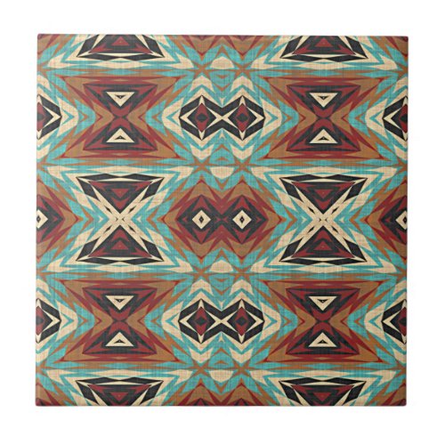 Turquoise Blue Green Brown Orange Ethnic Tribe Art Tile