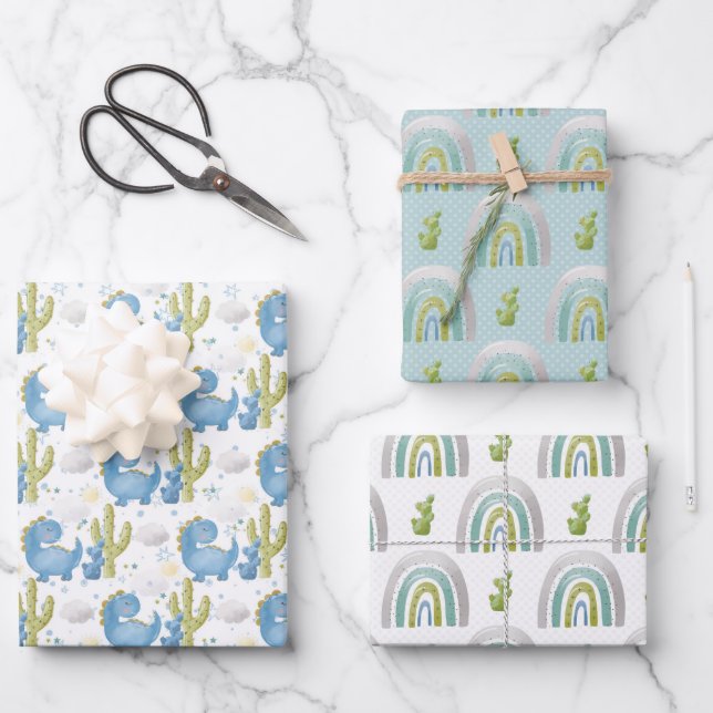 TURQUOISE BLUE GREEN DINOSAURS & RAINBOWS WRAPPING PAPER SHEETS (Front)