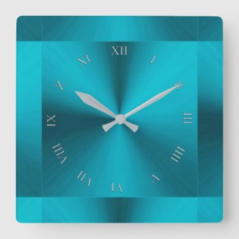 Turquoise Blue Green Metallic Roman Style Square Wall Clock by UROCKDezineZone at Zazzle