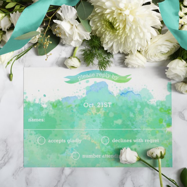 Turquoise Blue Green Modern Abstract Watercolor RSVP Card (Creator Uploaded)
