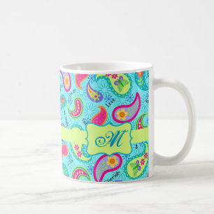 Turquoise Blue Green Modern Paisley Monogram Coffee Mug