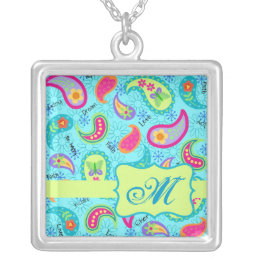 Turquoise Blue Green Modern Paisley Monogram Silver Plated Necklace