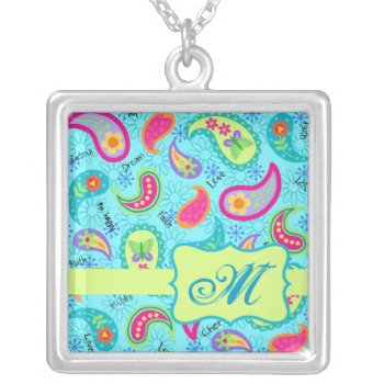 Turquoise Blue Green Modern Paisley Monogram Silver Plated Necklace by phyllisdobbs at Zazzle