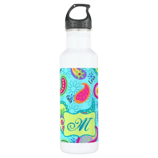 Turquoise Blue Green Modern Paisley Monogram Water Bottle (Front)