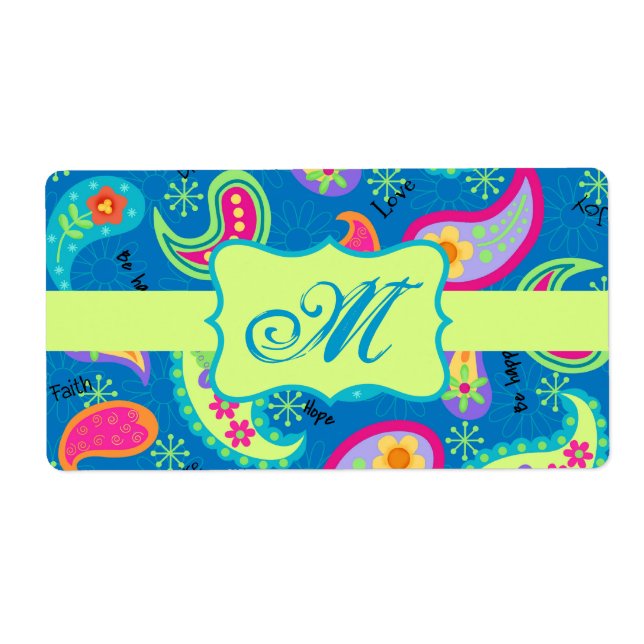 Turquoise Blue Green Modern Paisley Pattern Label (Front)