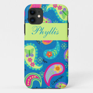 Turquoise Blue Green Modern Paisley Pattern Name iPhone 11 Case