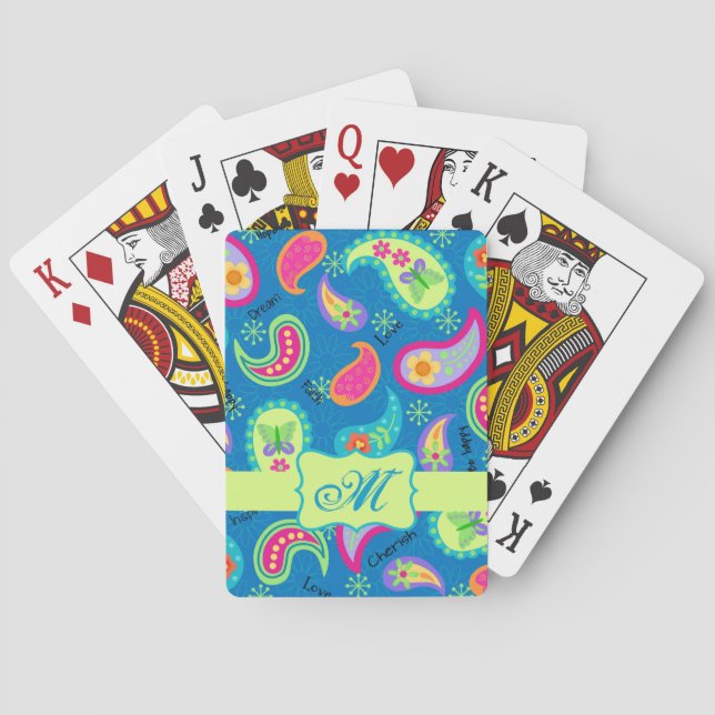 Turquoise Blue Green Modern Paisley Pattern Poker Cards (Back)