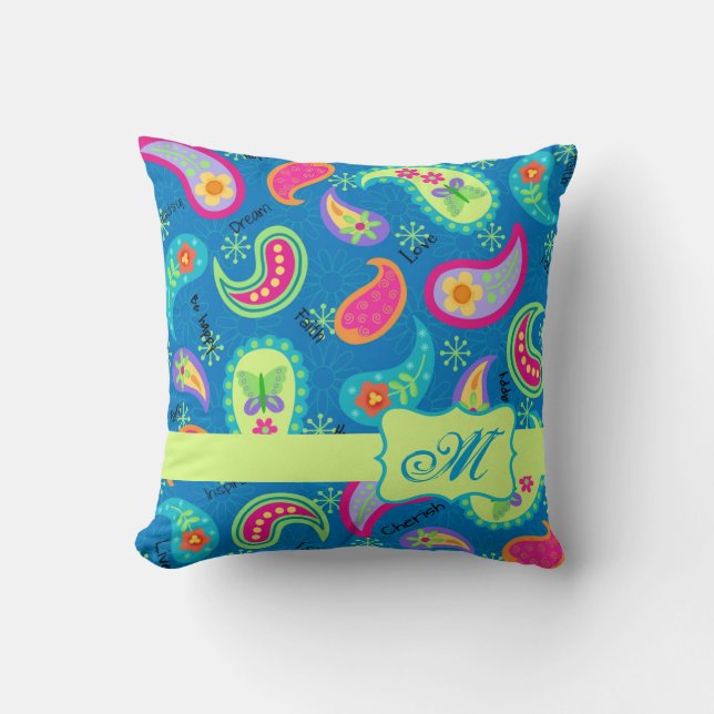 Turquoise Blue Green Modern Paisley Pattern Throw Pillow (Front)