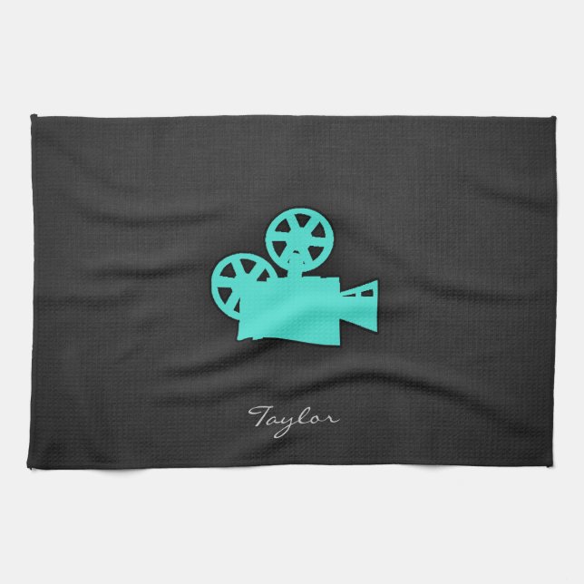Turquoise; Blue Green Movie Camera Kitchen Towel (Horizontal)