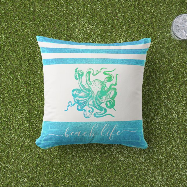 Turquoise blue green octopus beach life script  outdoor pillow (Grass)
