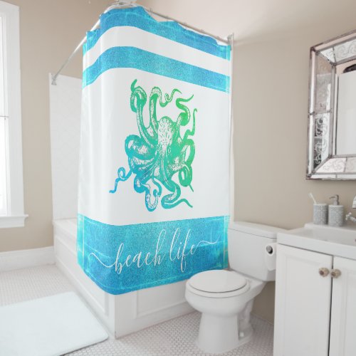 Turquoise blue green octopus beach life script shower curtain