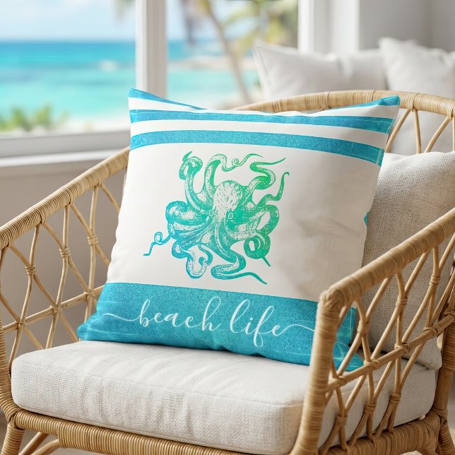 Turquoise blue green octopus beach life script  throw pillow (Creator Uploaded)