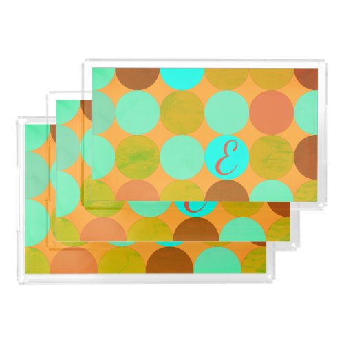 Turquoise Blue Green  Orange Circles Monogram Acrylic Tray