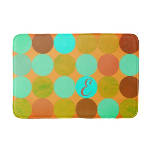 Turquoise Blue Green  Orange Circles Monogram Bathroom Mat