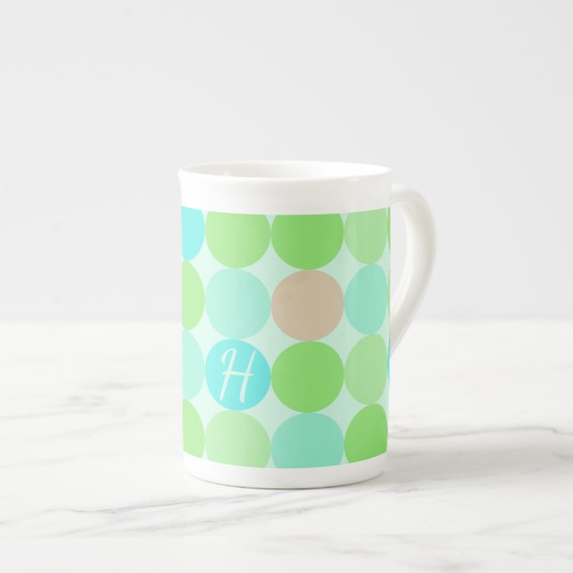 Turquoise Blue Green & Orange Circles Monogram Bone China Mug (Front Right)