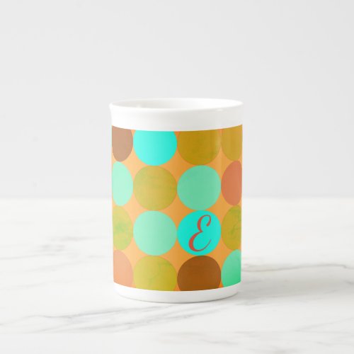 Turquoise Blue Green  Orange Circles Monogram Bone China Mug