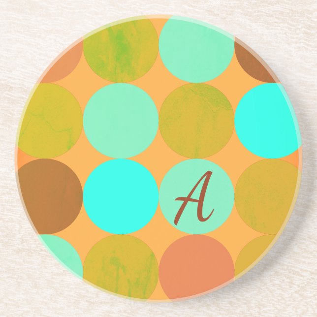 Turquoise Blue Green & Orange Circles Monogram Coaster (Front)