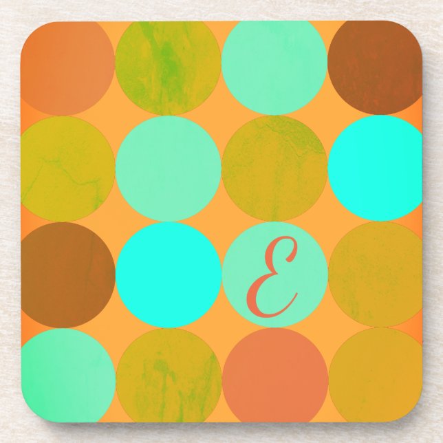 Turquoise Blue Green & Orange Circles Monogram Drink Coaster (Front)