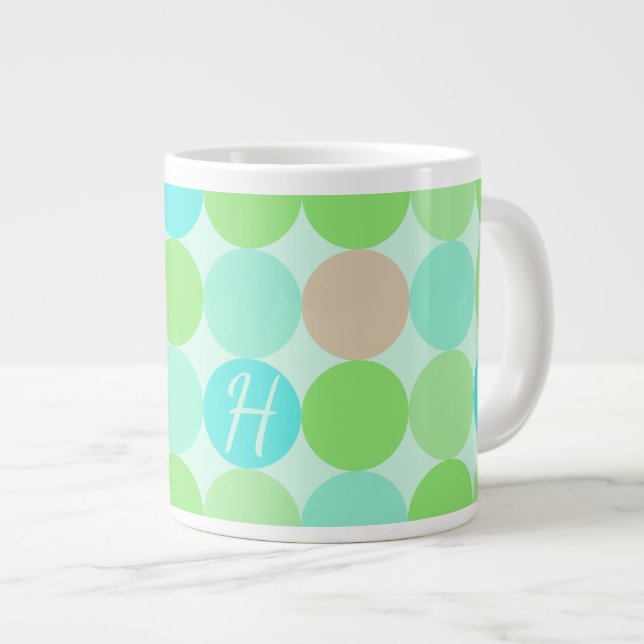 Turquoise Blue Green & Orange Circles Monogram Giant Coffee Mug (Front Right)